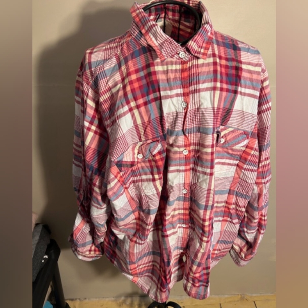 3x size three x womens shirt top plaid flannel  blouse plus sized 3 button